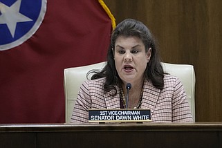 Sen Dawn White, R-Murfreesboro, speaks during a meeting of the Senate Judiciary Committee on Feb. 20 in Nashville. White co-sponsored a bill to revise Tennessee's 2021 reading and retention law. (AP Photo/George Walker IV)